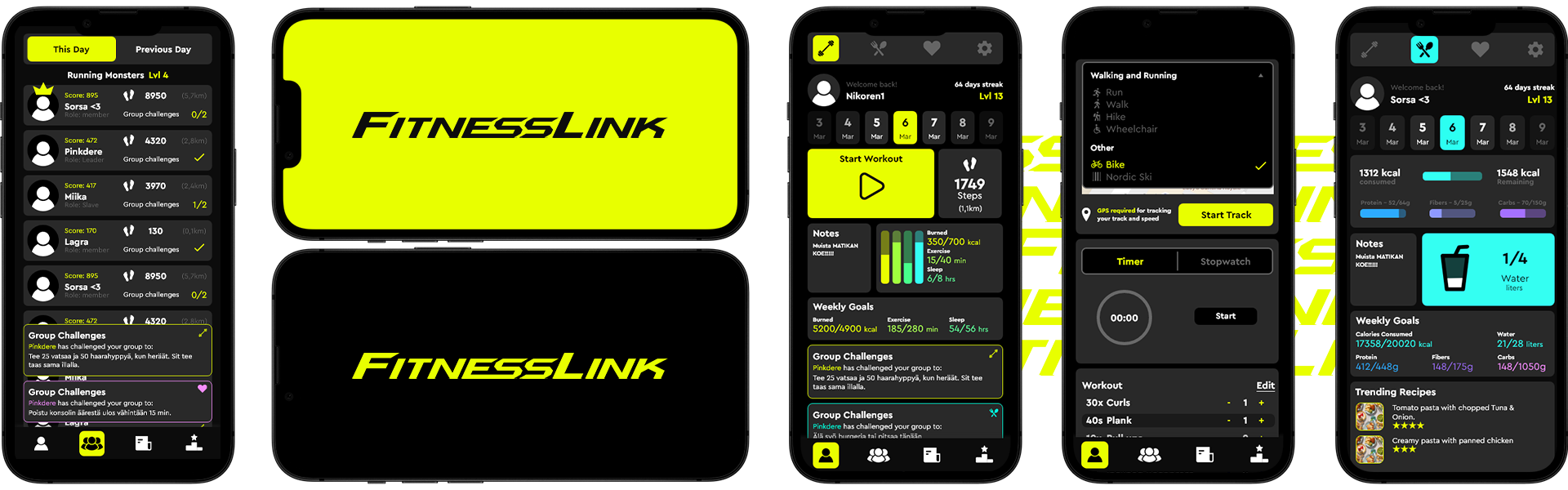 FitnessLink mobile fitness tracking app with step counting, competitions, and social features