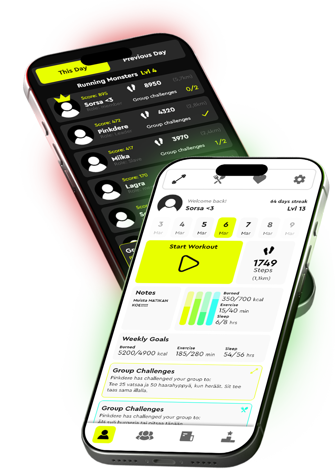 FitnessLink app showing light and dark theme modes