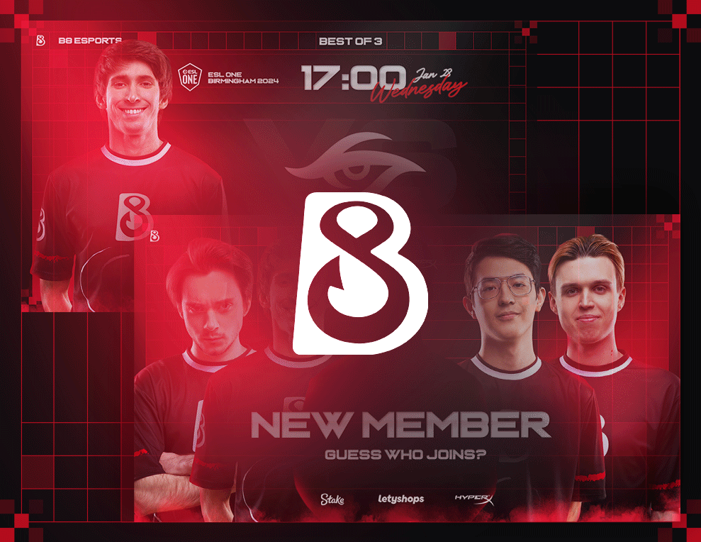 B8 Esports graphic design showcase featuring matchday graphics, player announcements, and tournament results