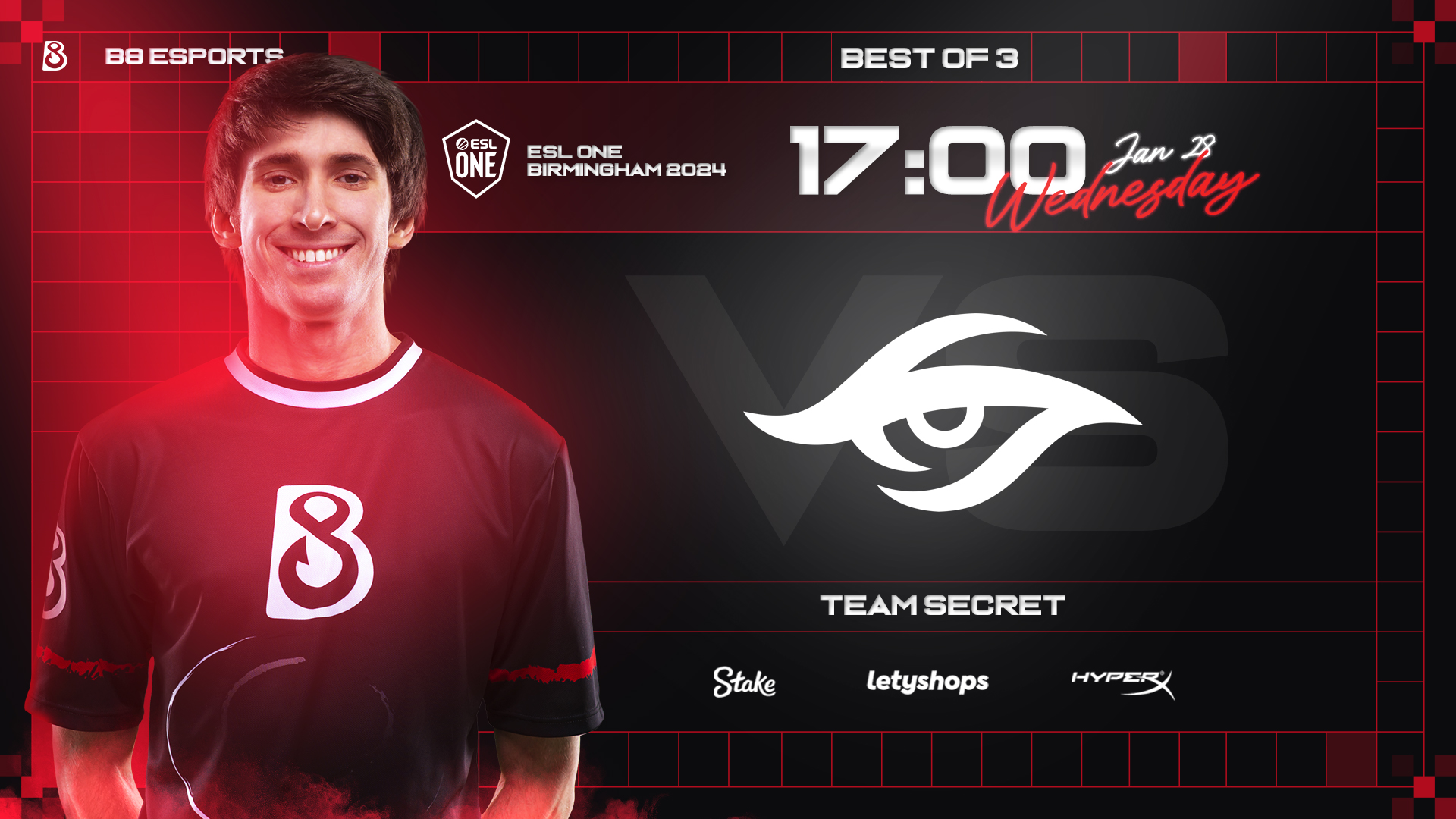 B8 Esports matchday graphic showing team matchup and game information