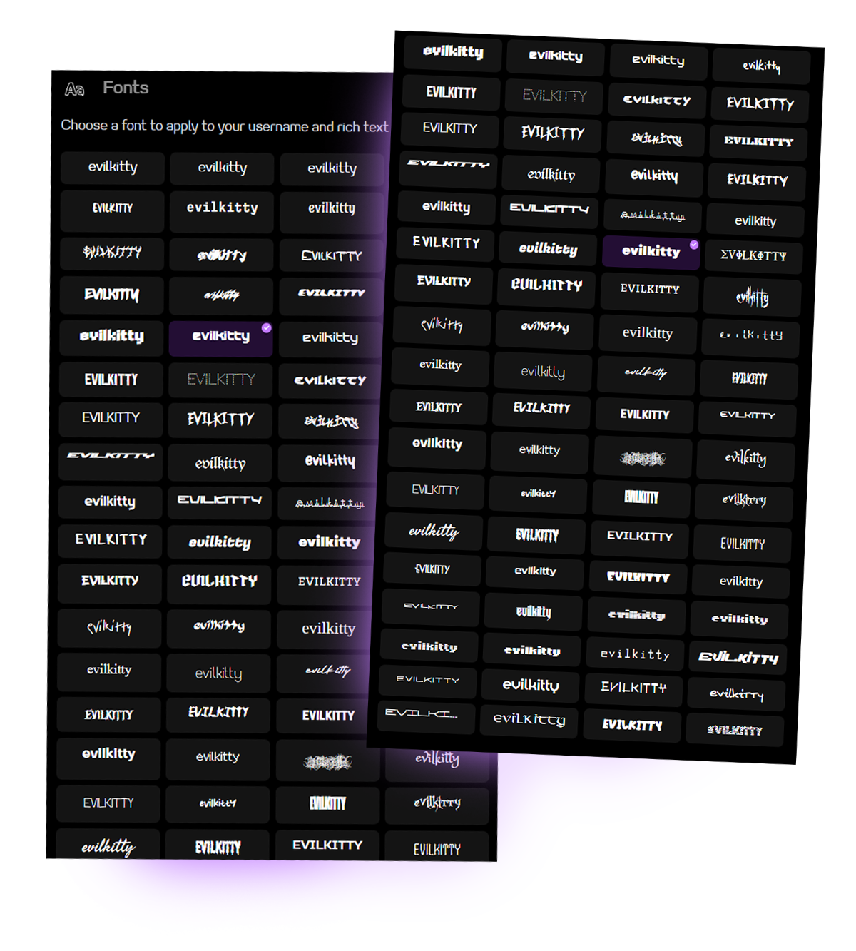 Font selection interface showing custom typography options and font preview