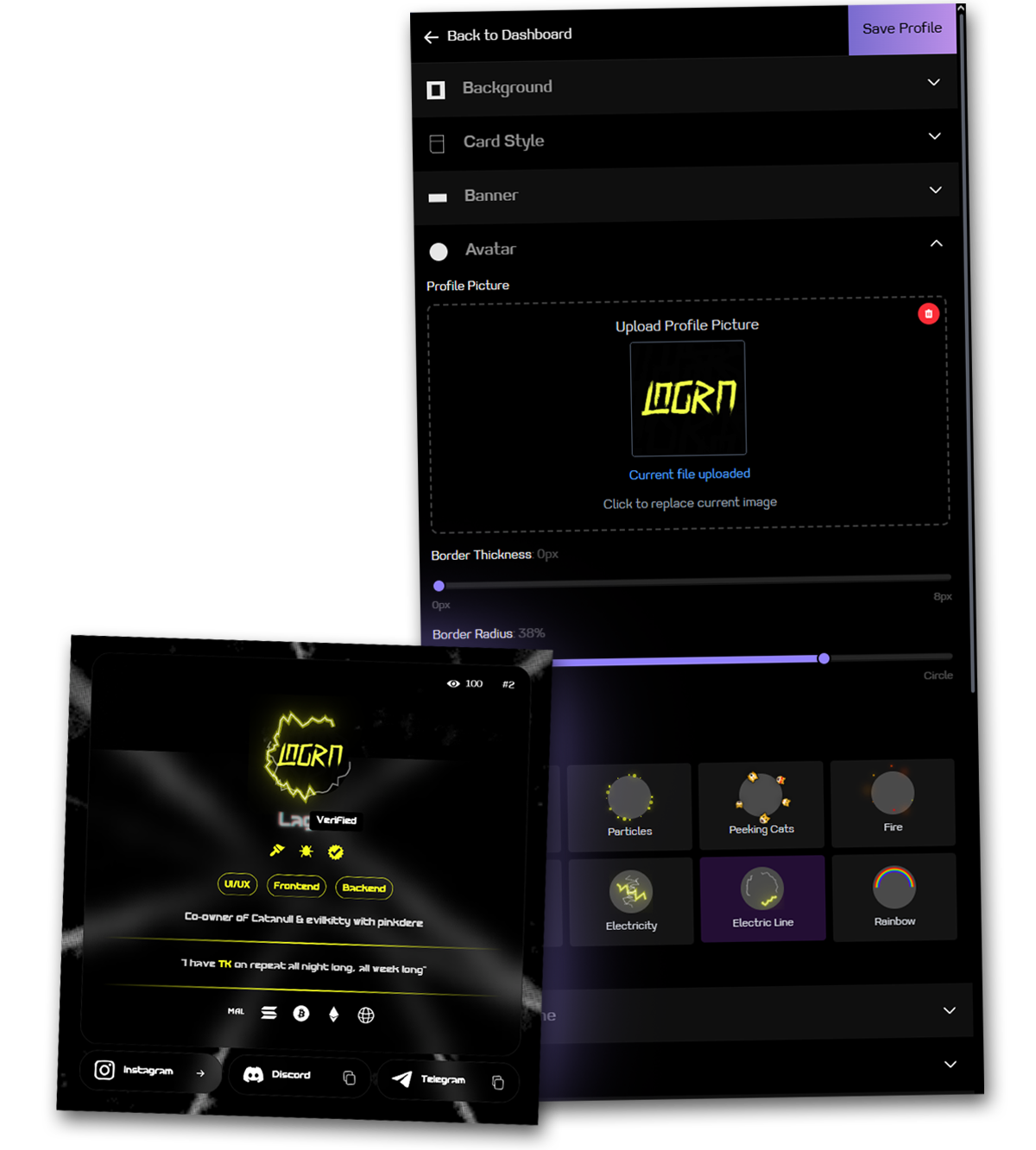 Evilkitty profile editor showing live preview and customization options