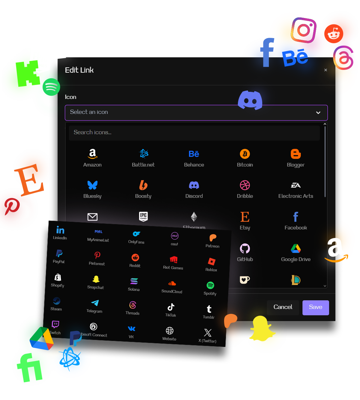 Social links configuration showing connected profiles and click statistics