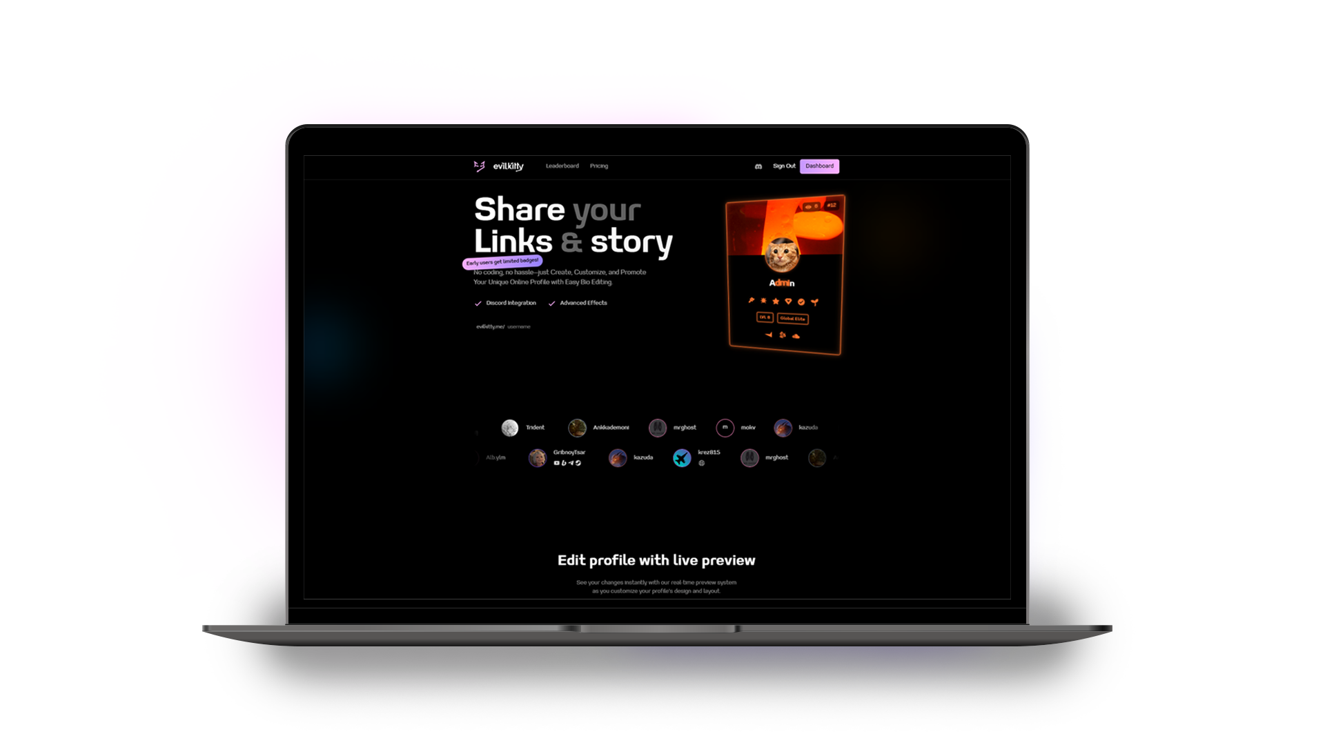 Evilkitty bio platform with profile editor, Discord integration, and customization options